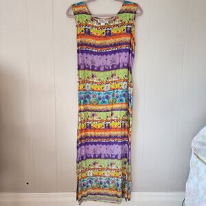 Vintage 90s Farm Cottage Cactus Flower Chicken Dress Maxi XL Purple Green